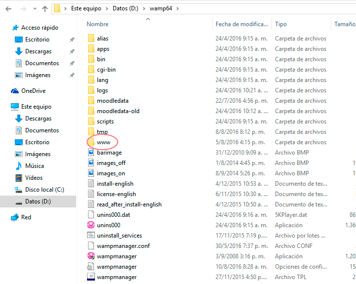 copia la carpeta moodle en www