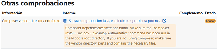 comprobación de instalación de composer en moodle