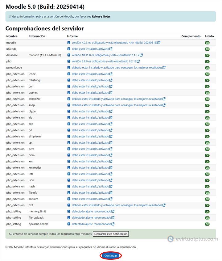 comprobaciones del servidor al actualizar moodle