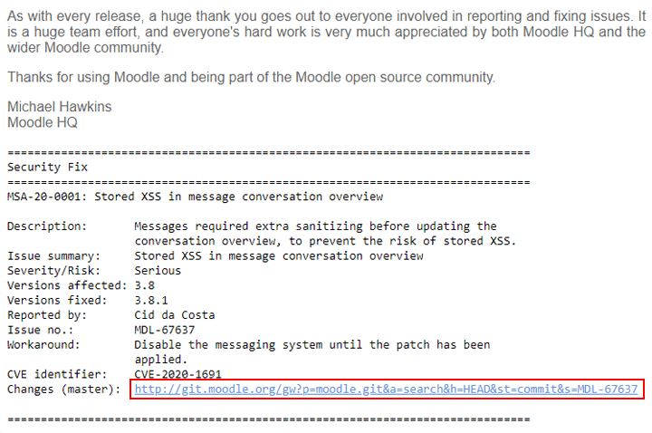 email de moodle.net con información de parches de seguridad en Moodle