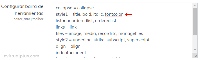 agregando color de fuente en barra de herramientas de editor de texto de Moodle