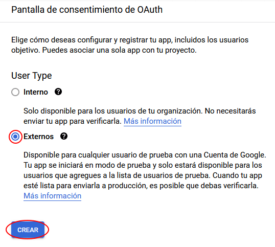 crear pantalla de consentimiento en Oauth