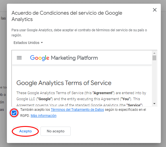 aceptar condiciones servicio google analytics