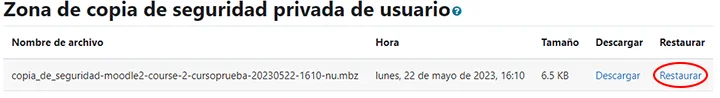 seleccionar restaurar cursos moodle